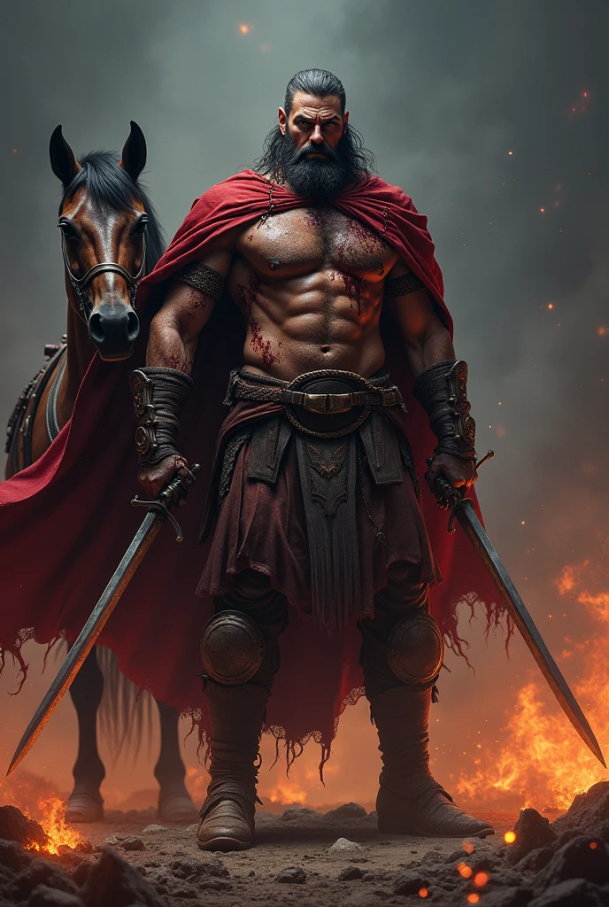 Are very strong great warrior win a war, after finishing the war injured and flowing blood of his body but he standing with brave. His eyes are dangerous. A strong horse with him.He have two sword in two hands. Destroying dark night fire background