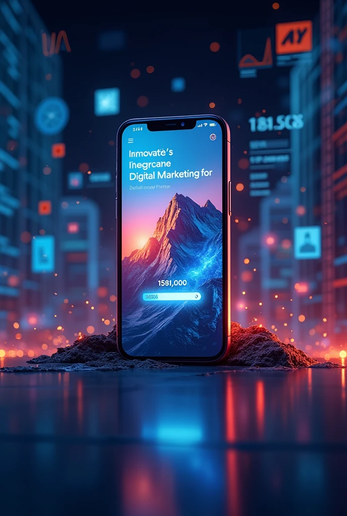 A smartphone screen showing an engaging social media ad with eye-catching visuals and a call-to-action button, set against a backdrop of digital marketing metrics