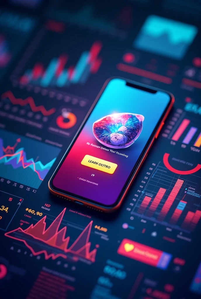 A smartphone screen showing an engaging social media ad with eye-catching visuals and a call-to-action button, set against a backdrop of digital marketing metrics