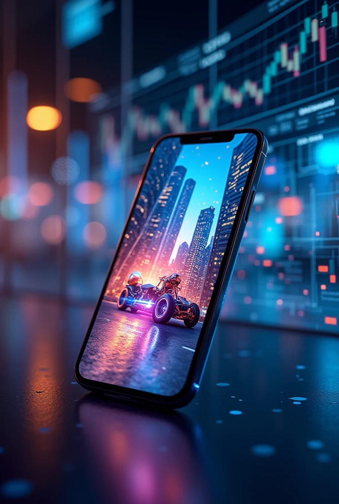 A smartphone screen showing an engaging social media ad with eye-catching visuals and a call-to-action button, set against a backdrop of digital marketing metrics