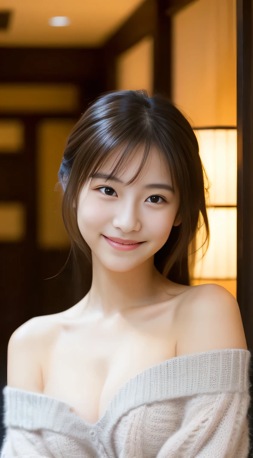 masterpiece,best quality,(Japanese girl),((Beautiful girl)),cleavage,(off shoulder:1.2),(perfect body beauty:1.2),(shy smile),From slightly above