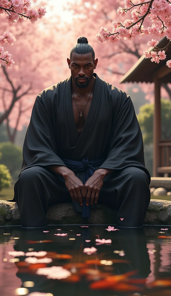 Close-up shot, Low angle shot, (Yasuke “A towering African man over six feet tall, with a muscular build and dark, glistening skin”, now out of his armor and dressed in a simple, dark kimono, sits alone in a traditional Japanese garden. His expression is calm but thoughtful, his eyes gazing at a small koi pond surrounded by cherry blossom trees. The background is serene, with the soft pink petals of the cherry blossoms falling gently to the ground and the sound of water trickling from a bamboo fountain. The light is soft and golden, casting a peaceful glow over the scene. Yasuke’s posture is relaxed yet strong, his face showing the weight of his experiences and the quiet strength that comes from within.) unreal engine, cinematic, hyper-real, highly detailed, Ultra realistic HD --q 2 --v 6.1 --ar 9:16
