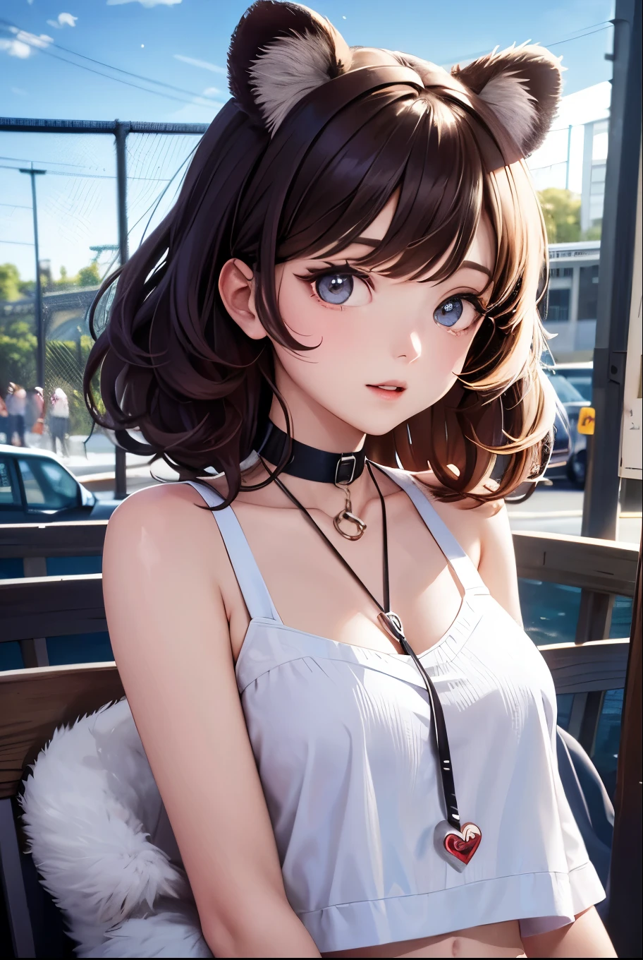 Top quality, highly detailed, UHD, idol, playing at an amusement park, cute and beautiful anthropomorphic koala girl with brown curly bob hair wearing a heart-shaped choker, casual clothes