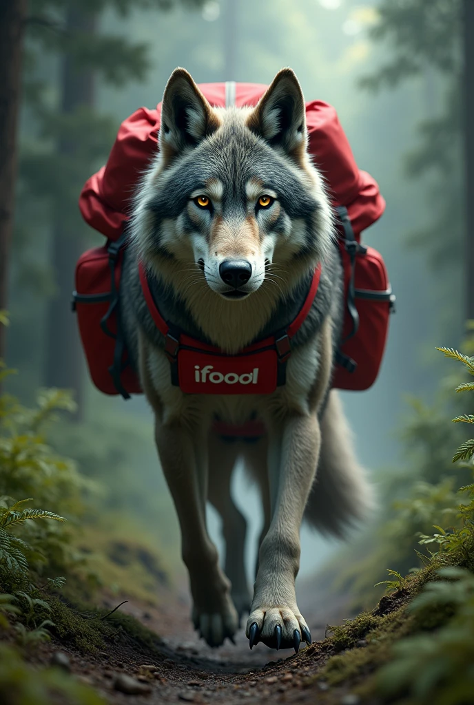 Wolf with a bag on his back that says ifood