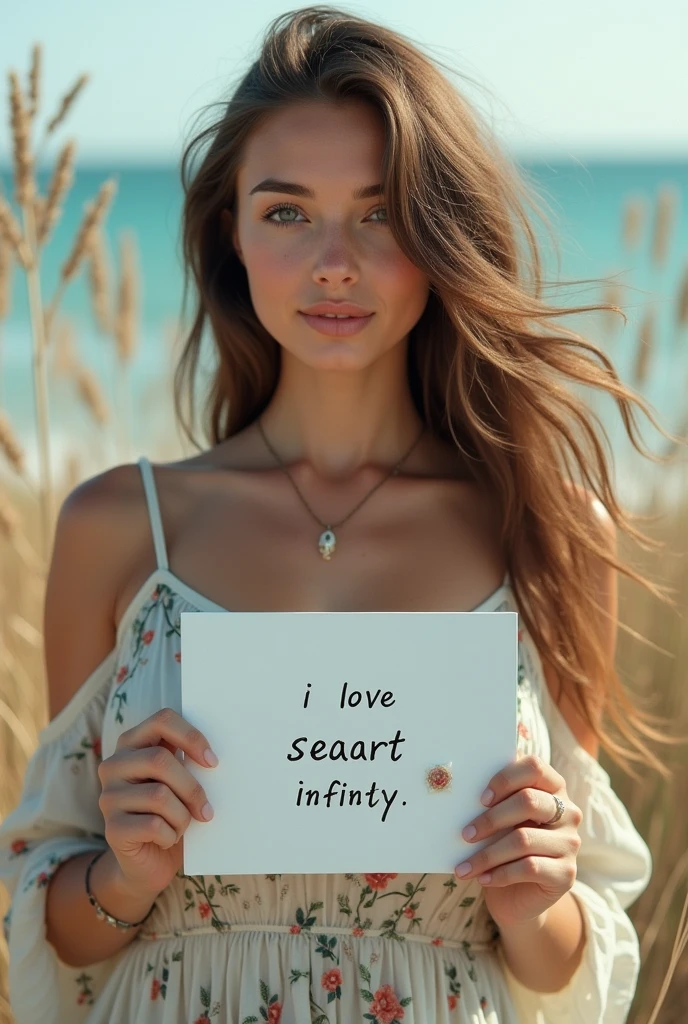 Beautiful girl with wavy long hair, bohemian dress, holding a white board with text "I Love Seaart Infinity" and showing it to the viewer