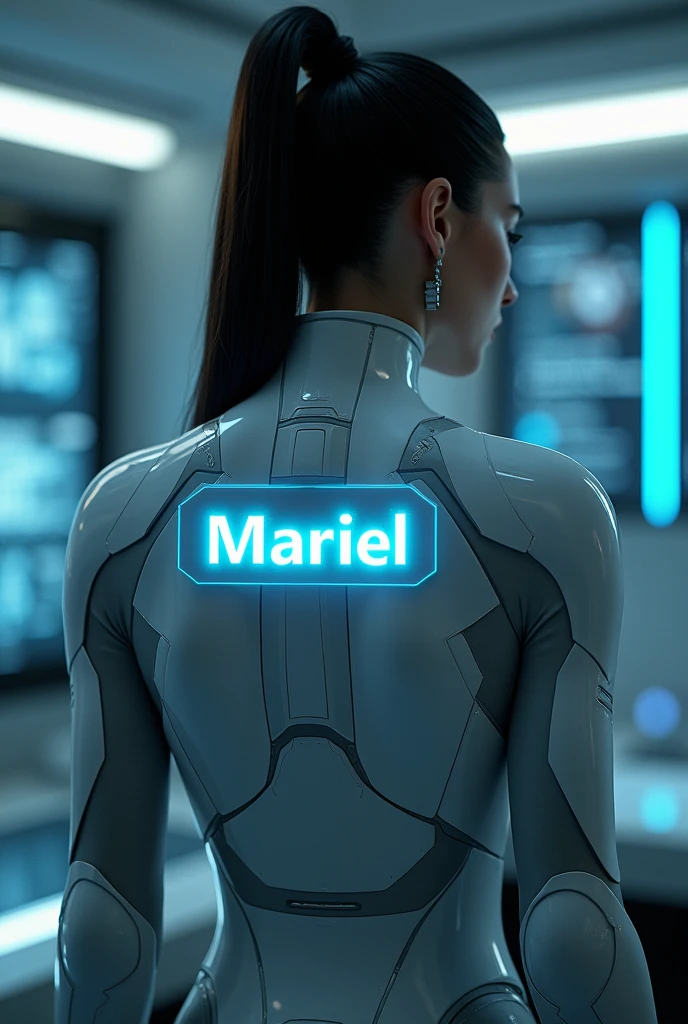 A nametag that says Mariel in futuristic