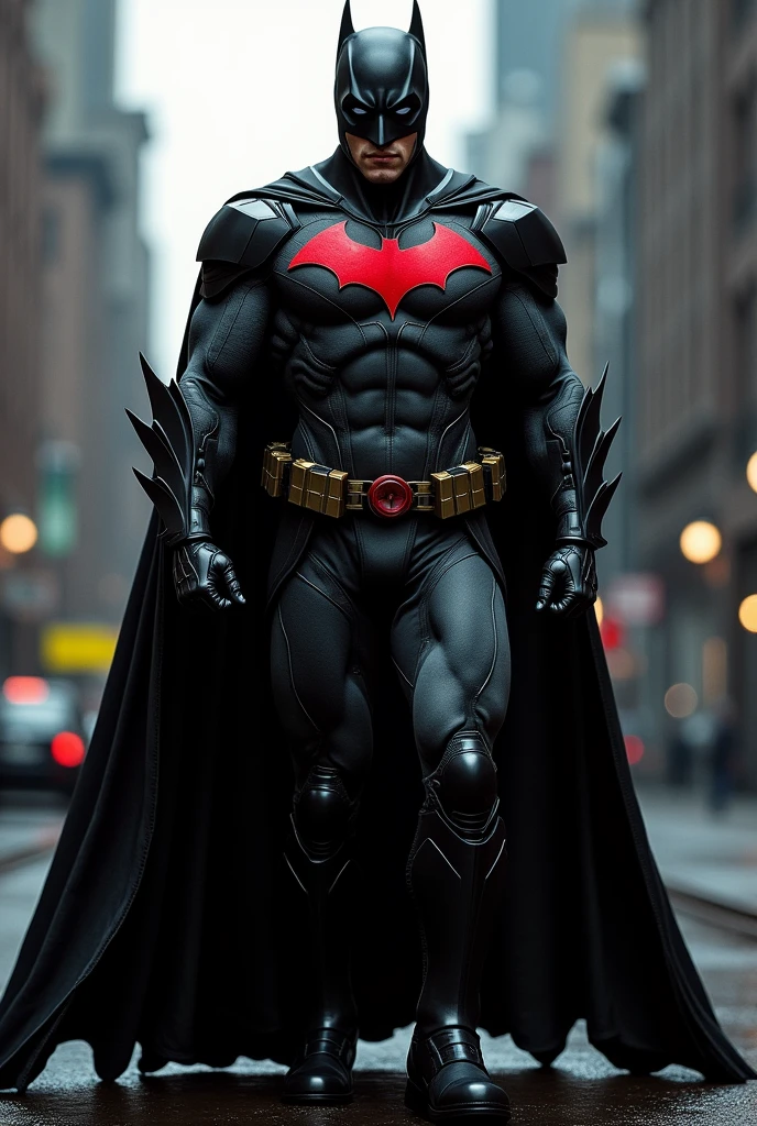 Create superheroes suit look alike batman  black red colour 