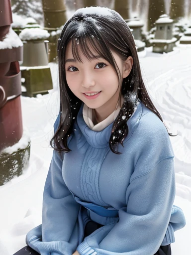 Japanese female, (underweight), (medium bust best quality:1.5), 30 years old, (cheerful grin:1.1),
snow scene, forest, (sitting on the ground), semi long, (bulue long sweater), (with Kamakura made of snow:1.5), full body shot