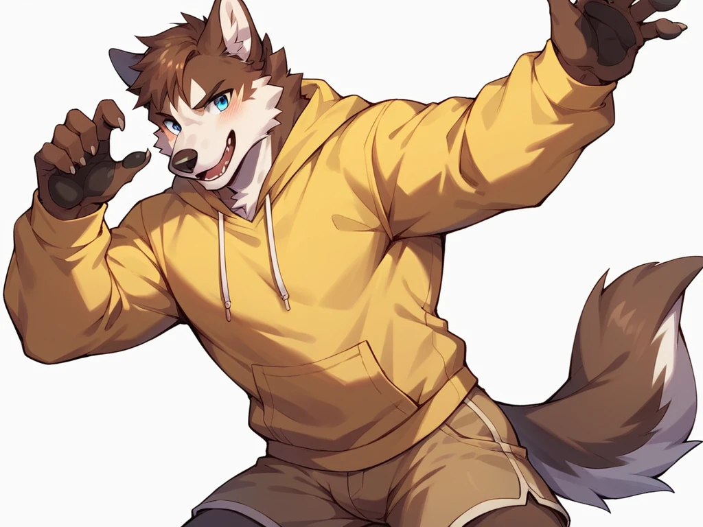 score_9, score_8_up, score_7_up, high quality, hires, anthro, male, husky, brown fur, brown ears, mostly white fur, blue eyes, yellow hoodie, brown shorts, white background,