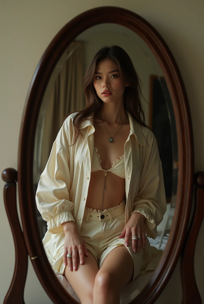 young woman, aesthetic and sexy dressed entirely in oversized clothing, taking a picture in the mirror