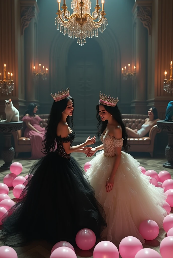 "A full-body shot of a (extra wide angle) in a dark low light medeval ballroom in an old palace. Super-big ballroom 2 queen twin sisters and their 2 girlfriends jumping arraound. The queens have a big light-colored realistic human eyes, super-long shiny blackest hair. They all have crowns on their head( Perfect beautiful teeth and mouth), ((perfect hands)), ((five fingers on each hand.)) Big breasts cleavage, (hyper realistic perfect face 1:1). White perfect skin, rosy cheeks. Some are laying on the floor and some are sitting in a middle of a super-enormous ballroom 1:3 with and pink baloons everywhere in the candelight 1:1 Wearing a layered black, white and gold ballroom dresses with lace and shiffon. On all of their head is a golden crown, adorned with pink crystals 1:1. They are laughing and laughing at eachother and rolling around the floor. A white cat lounges on a sofa in the corner 1:1, while a blue bird sits on the thrown. All of the girls rolling around in a caos with eachother. The scene ave a beautiful empresses, striking a bendover poses, curled up, excited and laughing. their long black hair flowing all around. Having fun.(Best Quality Detailed faces)1:1. A medieval fairytale vibe, with a big black intricate throne in a corner, a dark medeval chandelier with few candles hanging from the ceiling a very low romantic lighting. In a fantastic scene that uses 3D Surreal 3D model. Big gold gothic medieval five armed candlesticks sit on a blacktable.The entire setup is Best Quality, masterpiece 1:1, capturing the essence of a beautiful and happy girls, fantastical gothic setting, moist. Low lighting under neath, framed with the grandeur of medieval gothic style. (8K).