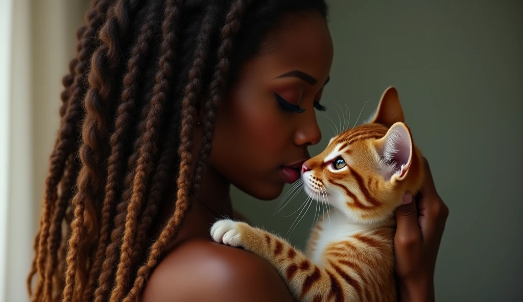 A side view of a stunningly beautiful African American woman with long brown dreadlocks with highlights on the ends, holding her cute cat up to her face looking sexy & sensual, realistic