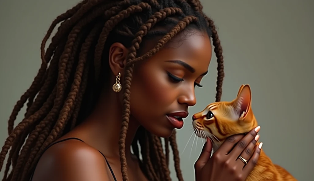 A side view of a stunningly beautiful African American woman with long brown dreadlocks with highlights on the ends, holding her cute cat up to her face looking sexy & sensual, realistic