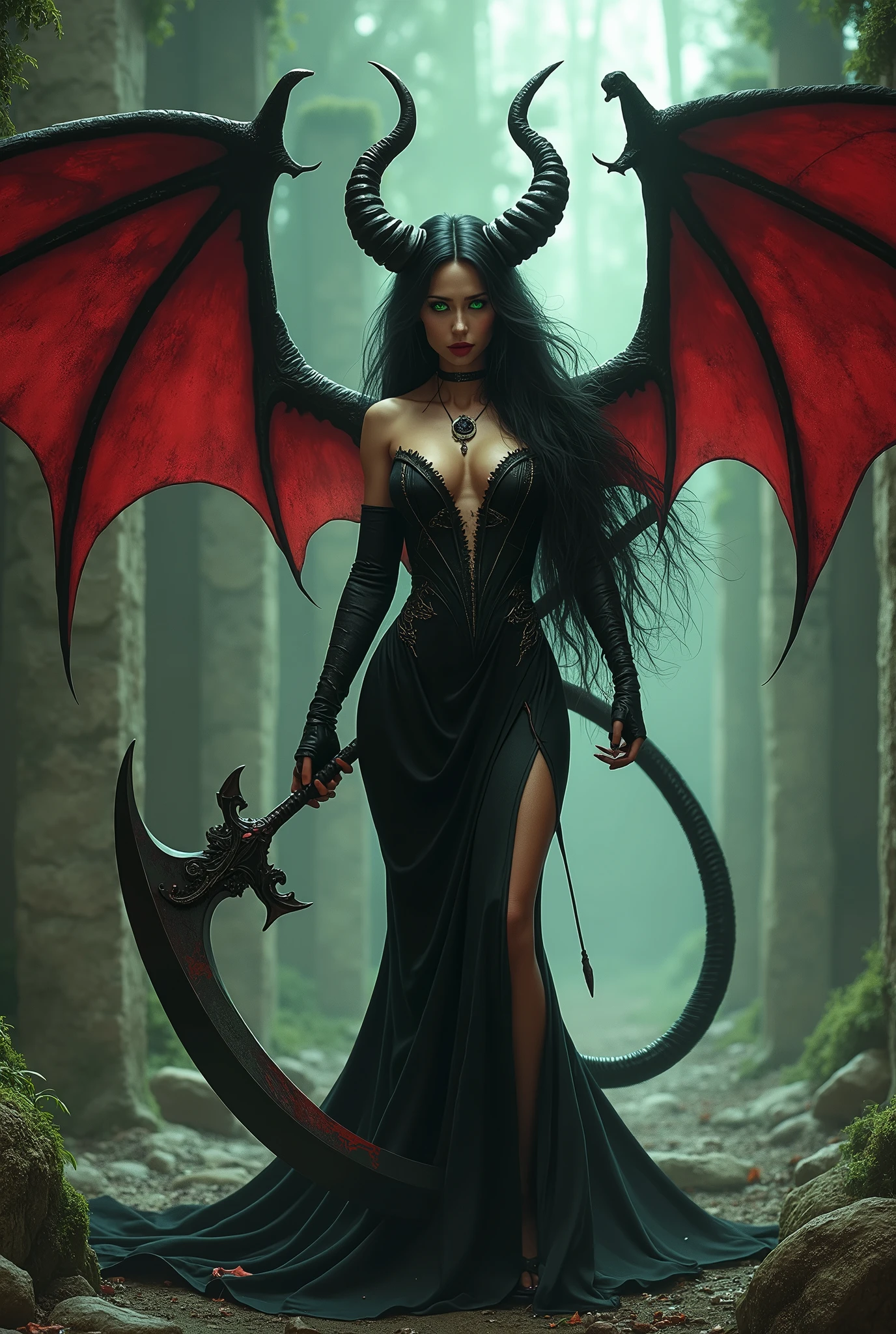 Art of Akihiko Yoshida a beautiful succubus, with black and red wings, green eyes, black long hair, carrying a scythe, wearing a long dress and close to the body, with a mischievous smile, medieval fantasy, well detailed, ar 2:3