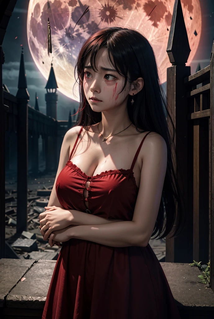 Satanic、despair、Devastation、natural disaster、middle ages、Red full moon、A woman looks up to the sky and sheds tears of blood、Place your hand on your chest、Sad look、Fluffy camisole