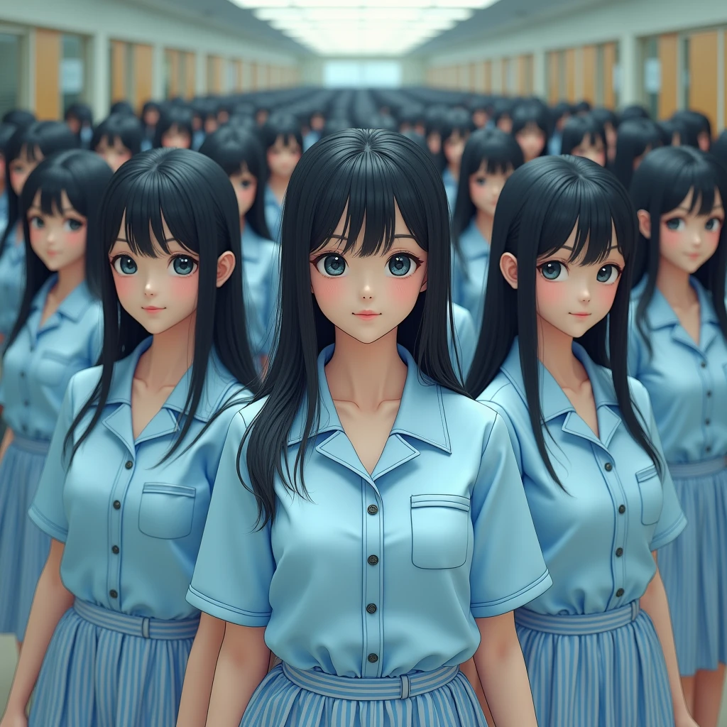 (((((Japanese Clone-girls=Myself))))), (((Super Best Perfect Clone-girls Raw Photography Art))), (((16K, Highest quality, Ultra-high resolution, Real Photography, RAW quality))), (((It&#39;s so unrealistic., An astonishing world view, With an unfathomable sight, In an out-of-this-world situation, In a world where Myself Clone-girls are multiplying in large numbers, Ultra-realistic, Delusion))), (((Japanese Girls, hashimoto-kanna, 17yo, Small face, Thick black hair, Semi-long hair, Dark Eyes, Mature face, Cute Smile, Smiling face, A gentle gaze, (((Very happy laughter)))))), (((Very beautiful detailed girls, Accurate body structure, Accurate body movements, Very detailed body, (((Big Breasts, J-Cup)))))), (((Summer Girls' School Uniform, Light blue shirt, I can see the cleavage, Big Breasts強調, blue and white striped mini skirt))), ((((((((Very detailed, Myself cloning, Depiction of splitting oneself, 1Myself girl-cloning-1,000,000,000,000,000,000,000,000,000,000Myself clone-girls)))))))), (((((((Very detailed clone depiction, (((The same perfect female body as Myself, Myself and the same perfect face, Perfect same hairstyle as Myself, Myself and the perfect same outfit, Perfect height with myself, Myself and perfect J-Cup)))))))))), (((((Myself clone-girls only))))), (((((1,000,000,000,000,000,000,000,000,000,000Myself clone-girls))))), (((Very detailed, Extremely crowded, Body-to-body contact with no gaps))), (Bright and soft lighting), (((((Clear and accurate perspective depiction, super wide view, Ultra-wide field of view, Focus on the average value of the image))))), (((((Very detailed depiction, More than a few thousand Myselves, Physical contact, Pleasant conversation, Holding hands, Hug))))), School building, classroom, corridor, Lounge, Atrium Hall, spiral stage, Elevator, gym, School Assembly, after school