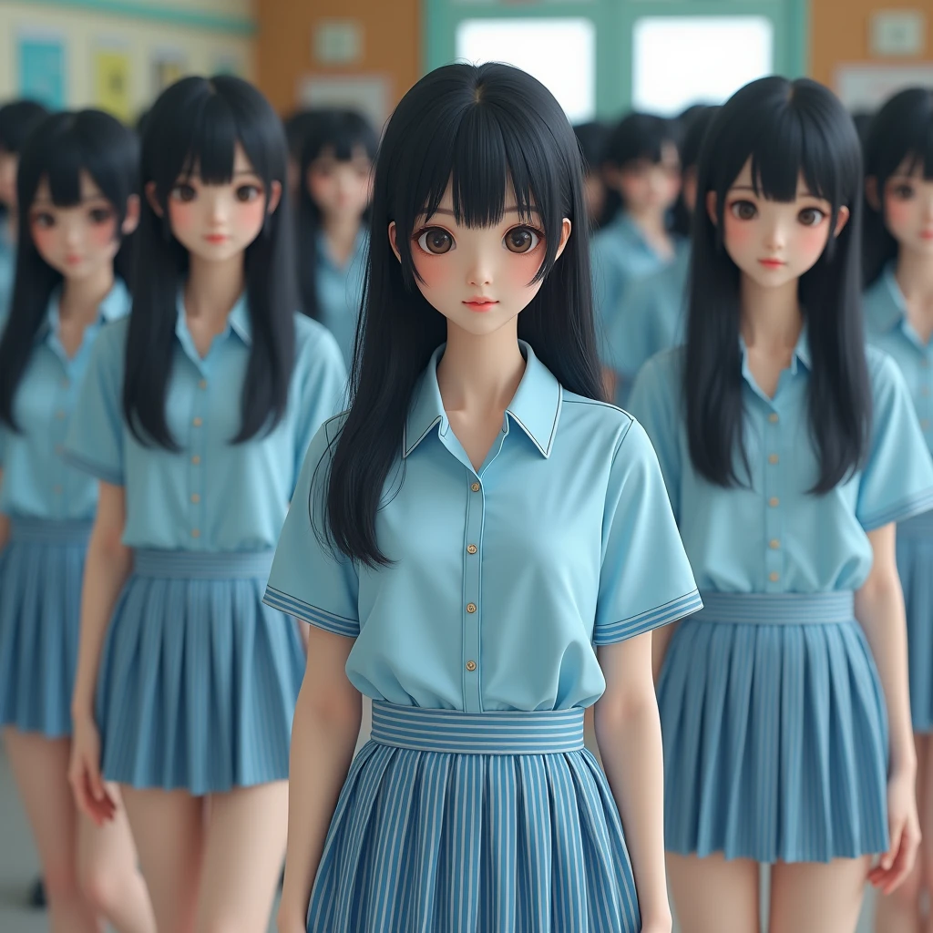 (((((Japanese Clone-girls=Myself))))), (((Super Best Perfect Clone-girls Raw Photography Art))), (((16K, Highest quality, Ultra-high resolution, Real Photography, RAW quality))), (((It's so unrealistic., An astonishing world view, With an unfathomable sight, In an out-of-this-world situation, In a world where Myself Clone-girls are multiplying in large numbers, Ultra-realistic, Delusion))), (((Japanese Girls, hashimoto-kanna, 17yo, Small face, Thick black hair, Semi-long hair, Dark Eyes, Mature face, Cute Smile, Smiling face, A gentle gaze, (((Very happy laughter)))))), (((Very beautiful detailed girls, Accurate body structure, Accurate body movements, Very detailed body, (((Big Breasts, J-Cup)))))), (((Summer Girls' School Uniform, Light blue shirt, I can see the cleavage, Big Breasts強調, blue and white striped mini skirt))), ((((((((Very detailed, Myself cloning, Depiction of splitting oneself, 1Myself girl-cloning-1,000,000,000,000,000,000,000,000,000,000Myself clone-girls)))))))), (((((((Very detailed clone depiction, (((The same perfect female body as Myself, Myself and the same perfect face, Perfect same hairstyle as Myself, Myself and the perfect same outfit, Perfect height with myself, Myself and perfect J-Cup)))))))))), (((((Myself clone-girls only))))), (((((1,000,000,000,000,000,000,000,000,000,000Myself clone-girls))))), (((Very detailed, Extremely crowded, Body-to-body contact with no gaps))), (Bright and soft lighting), (((((Clear and accurate perspective depiction, super wide view, Ultra-wide field of view, Focus on the average value of the image))))), (((((Very detailed depiction, More than a few thousand Myselves, Physical contact, Pleasant conversation, Holding hands, Hug))))), School building, classroom, corridor, Lounge, Atrium Hall, spiral stage, Elevator, gym, School Assembly, after school