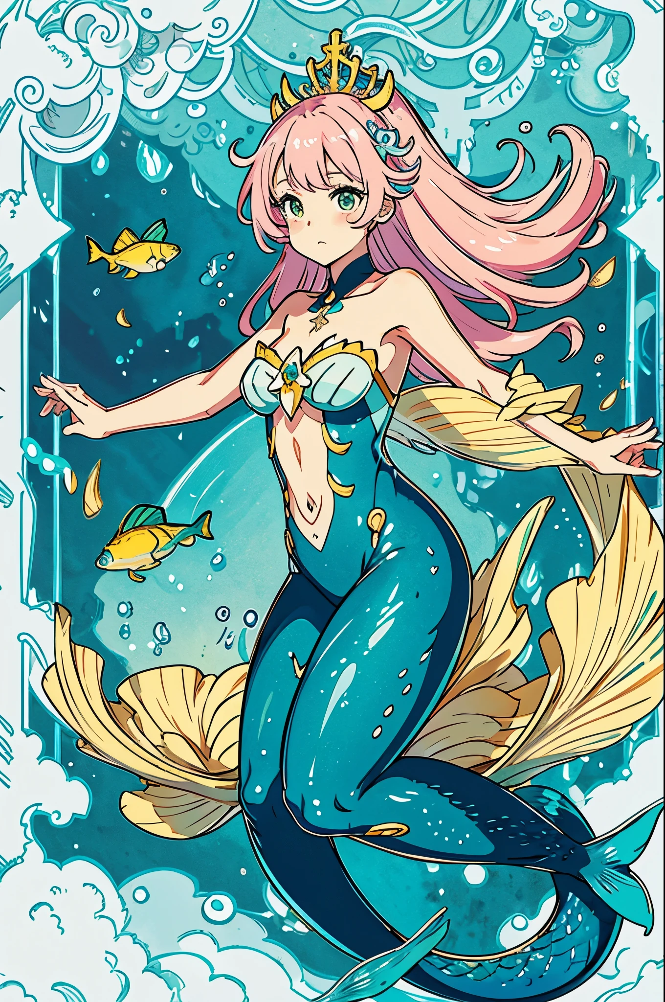 Mermaid，Mermaid，Mermaid女孩，Mermaid尾巴，Bodysuit style，Scale style，Underwater background，Underwater background，Undersea background，Coral shell background，Seawater background，Pink and purple scales，yellow，end，身上长着end，Girl with fish tail，黄緑とyellow，yellowと黄緑の鱗，cute，cute，cute，Crown