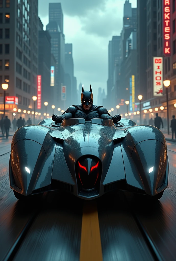 Create an image of batman riding his batmobile in gotham city.
