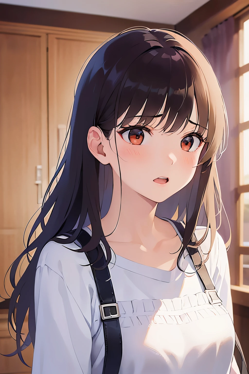 (covering face:1.3)、Biologically correct five fingers、side angle. (looking away:1.5), Upper Body, Realistic, real person, (pale skin: 1.2), RAW photo, photorealistic, shiny skin, shiny hair、(A 2 woman with medium-length hair and bangs) and (wavy hair) and (brown hair) and (orange eyes) , White T-shirt 、Red Apron、open mouth, sad, (blush:1.3), The background is the living room、Alone、Are standing