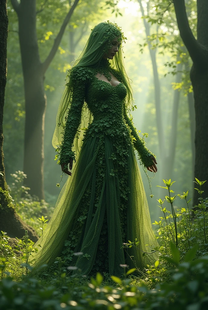 a full-lenght body shot of divine entity in the form of leaves, grass, vines and flowers, which resembles a woman with a veil without face, standing in the middle of a forest, a pleasant and magical aura around her, medieval fantasy, well detailed, no face
