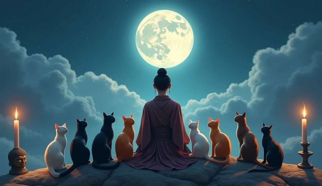 Give me 2 groups of cats of different colors in astral time with their Asian owner, they are on top of a mountain looking at the moon and with candles on the side and a statue of Buddha