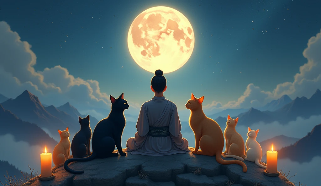 Give me 2 groups of cats of different colors in astral time with their Asian owner, they are on top of a mountain looking at the moon and with candles on the side and a statue of Buddha