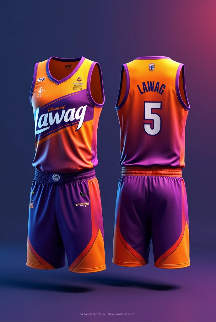 Basketball jersey layout front and back, the design is inspired to Phoenix suns. Team name is LAWAG