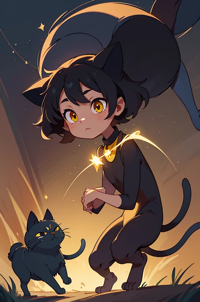 "A mystical, elegant black cat with sleek, short fur like a Bombay breed, and a slender, graceful full-body figure. The cat has an adorable, charming expression, with bright, glowing yellow eyes that contrast against its dark fur, enhancing its enchanting aura. It wears an astrology-inspired necklace with a small star pendant that softly glows with magical energy. The cat's bright yellow eyes seem to hold the secrets of the universe. Its tail curls gracefully, and its entire body has a smooth and refined appearance. The cat's aura is calm and composed, reminiscent of Jiji from the Studio Ghibli movie Kiki's Delivery Service, but with a more mature and enigmatic presence. The background features soft, magical lighting, with stars and celestial symbols subtly glowing around the cat."