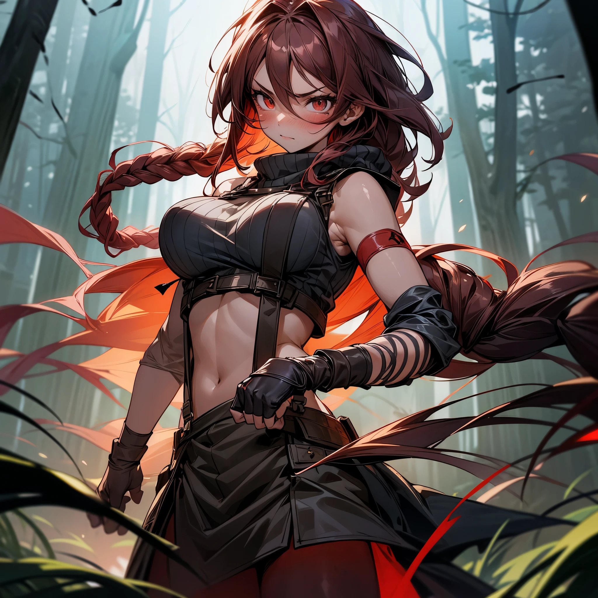 1female, sexy, big breast, adult, finely detailed red eyes, wild long hair, braided hair, dark brown color hair, adventurer gear, suspenders, sleeveless crop top sweater, baggy combat skirt, night time, dark forest, somber expression, flowers, blushing, standing on path, lanturns, black armband, mma gloves