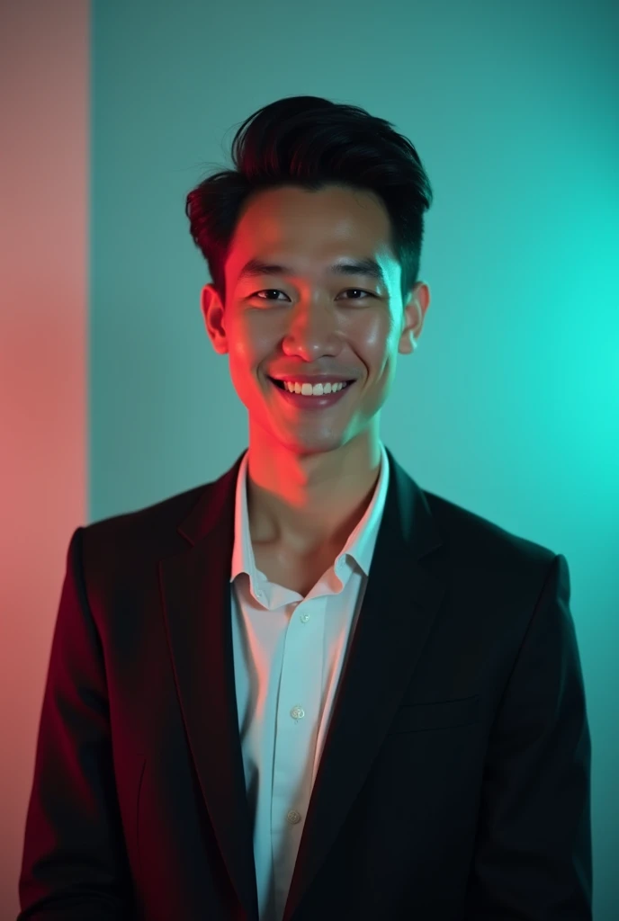 A young man with dark hair and a confident smile.He is dressed in a black blazer over a white shirt.The man is positiond against aqua colour backdrop with a subtle red lighting on the left side.and he posing for Linkedin profile