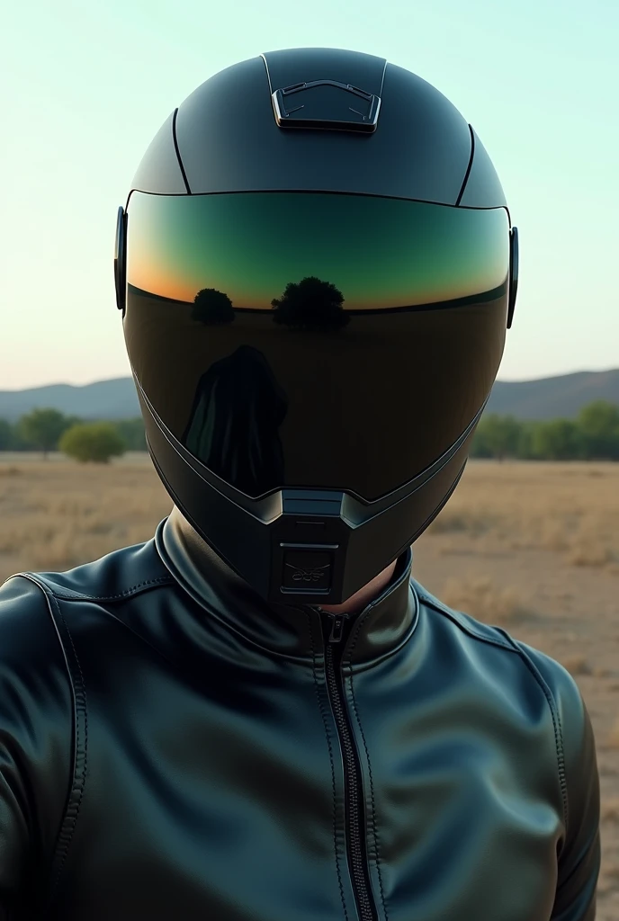 (photorealism:1.2), A selfie of a man wearing a black motorcycle helmet with dark green details,. The helmet, The glasses completely cover his face and nose... The scene takes place outdoors, in natural daylight, with an open landscape in the background showing distant trees and hills, Black leather jacket with mao collar