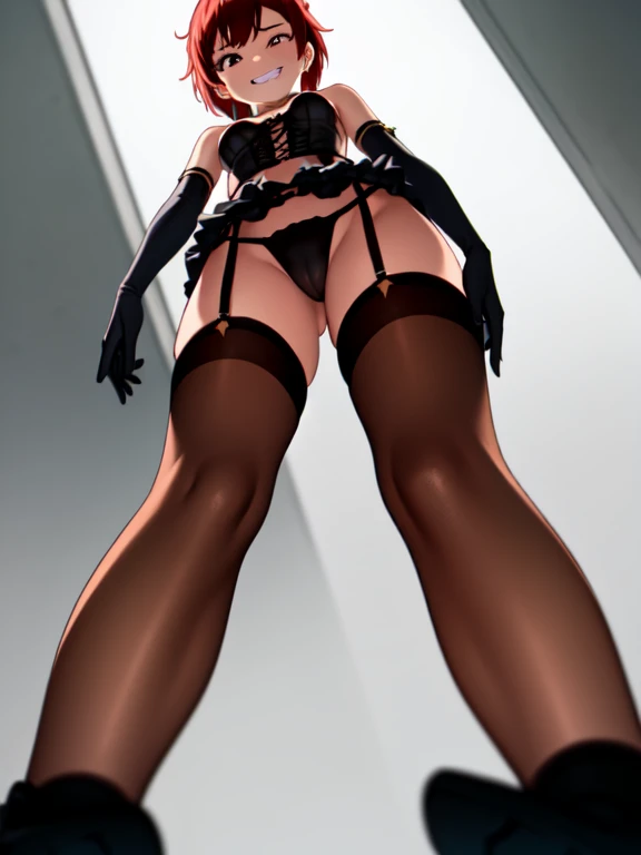 ((Highest quality)), ((masterpiece)), (detailed), prison, One person, akanechan, femdom, dominatrix, ((bare shoulders)), ((black bustier)), ((black stockings)), ((black g-string)), ((black high heels)), ((black garter belt)), ((black elbow gloves)), ((female standing)),  ((evil grin)), (((((from below:1.3))))), ((looking at viewer)), ((((looking down:1.4)))), stare at viewer with stern eyes, foreshortening,