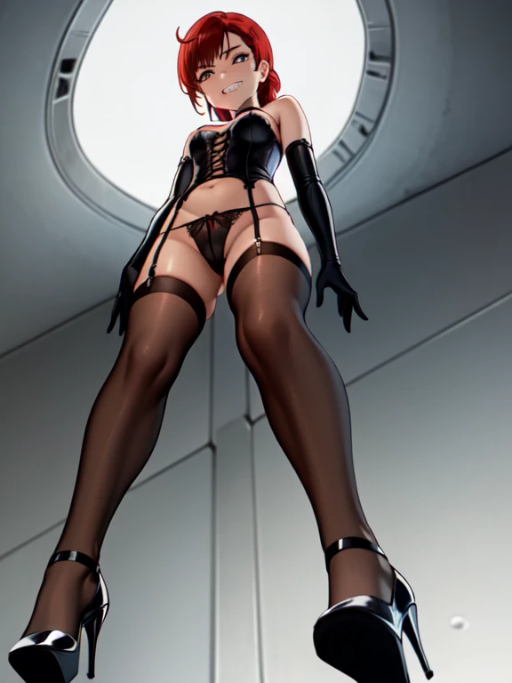 ((Highest quality)), ((masterpiece)), (detailed), prison, One person, akanechan, , dominare shoulders)), ((black bustier)), ((black stockings)), ((black g-string)), ((black high heels)), ((black garter belt)), ((black elbow gloves)), ((female standing)), ((evil grin)), (((((from below:1.3))))), ((looking at viewer)), ((((looking down:1.4)))), stare at viewer with stern eyes, foreshortening,