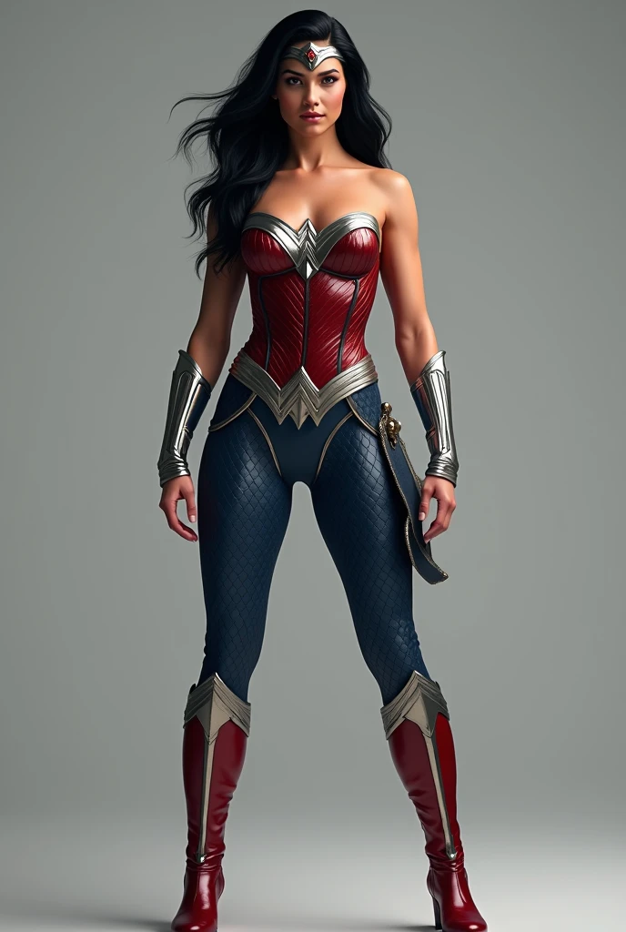A beautiful woman with long black hair under the mantle of the Amazon warrior Wonder Woman in a navy blue leather suit that covers her entire body with tiny scales all over the suit Red Wonder Woman corset diaema in silver colored metal Silver colored metal bracelets Red boots fitted to the suit (((without cape)))
