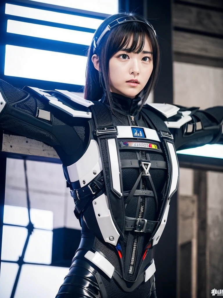 masterpiece, Highest quality, Very detailed, Japanese Android girl,Plump,Slightly thicker,Control panel,Android,cyborg,Blunt bangs,((Crucifixion)),torture,slave,((クロスにCrucifixionにされた女性:1.5)),Crucifixion刑, Type X,,black and white robot suit,Black harness belt,Helmet