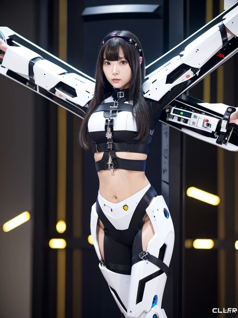 masterpiece, Highest quality, Very detailed, Japanese Android girl,Plump,Slightly thicker,Control panel,Android,cyborg,Blunt bangs,((Crucifixion))，torture，slave，((クロスにCrucifixionにされた女性：1.5)),Crucifixion刑, Type X,,black and white robot suit,Black harness belt,Helmet