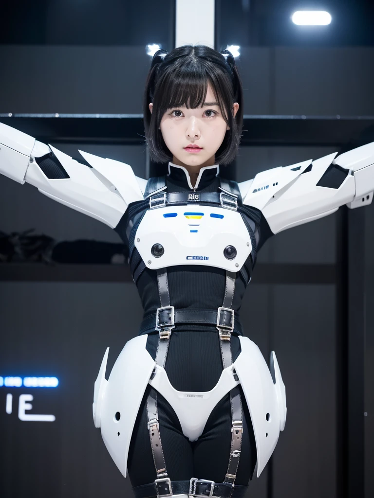 masterpiece, Highest quality, Very detailed, Japanese Android girl,Plump,Slightly thicker,Control panel,Android,cyborg,Blunt bangs,((Crucifixion))，torture，slave，((クロスにCrucifixionにされた女性：1.5)),Crucifixion刑, Type X,,black and white robot suit,Black harness belt,Helmet