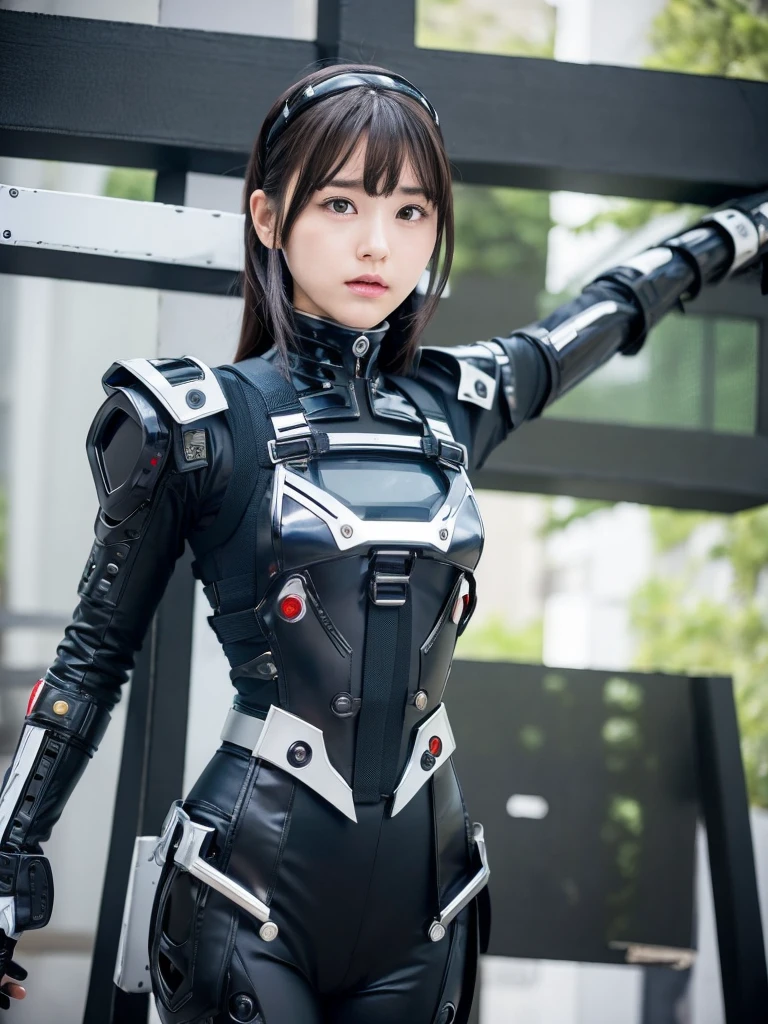masterpiece, Highest quality, Very detailed, Japanese Android girl,Plump,Slightly thicker,Control panel,Android,cyborg,Blunt bangs,((Crucifixion)),torture,slave,((クロスにCrucifixionにされた女性:1.5)),Crucifixion刑, Type X,,black and white robot suit,Black harness belt,Helmet