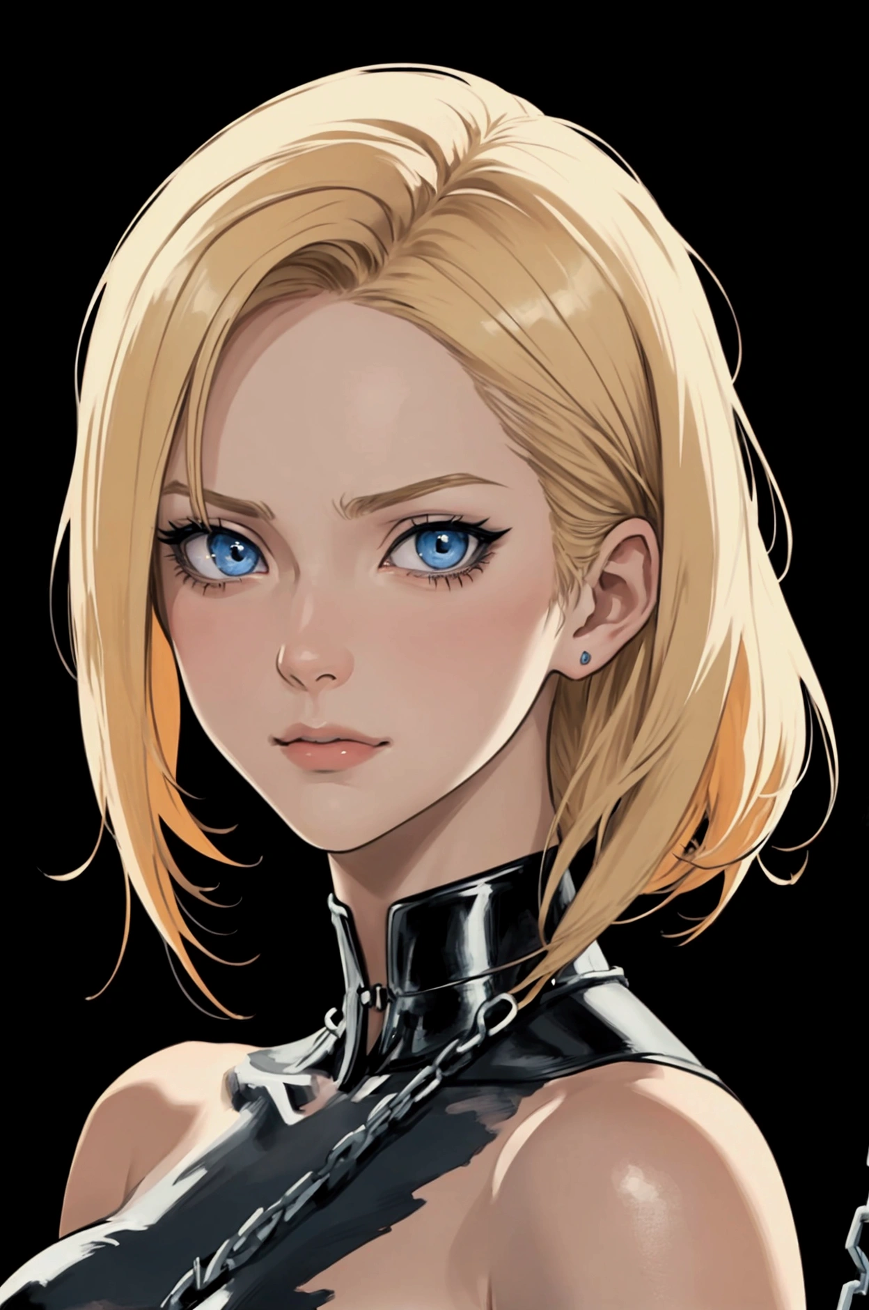 Generate a highly detailed anime-style portrait of a female character with short, blonde hair and sharp blue eyes. The art should feature expressive, semi-realistic facial features with subtle yet painterly shading. The character should be a mysterious and confident vibe. Her expression is neutral, with a slight smirk, and she wears black gloves that reflect a sleek, glossy texture. shackles and chains on her limbs, showing that she is a slave. The background should have a rich, deep red color with soft, abstract brush strokes. The overall style should blend realism with anime aesthetics, using bold outlines, detailed facial features, and dramatic lighting to create a moody and atmospheric scene. The color palette should be vibrant yet harmonized, with strong contrast between the character and the background. make her sad for be a slave. She has an electric scar on her face