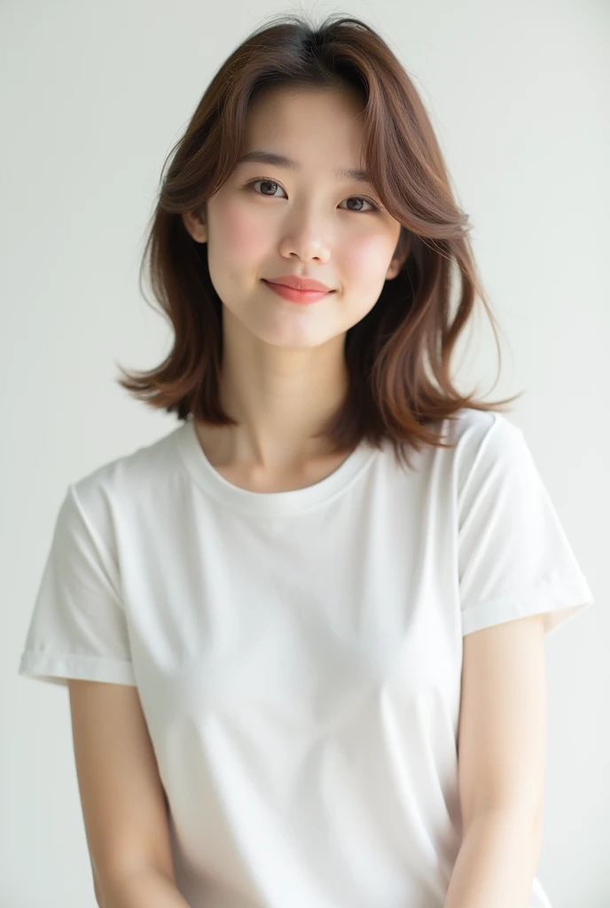 軽めのLayer Styles、human、Transparent woman、young、White T-shirt、Reduces neck volume、Fair-skinned pretty woman、No blunt ends、Layer Styles、Gourd Shape、Body is at an angle、looking at the camera、Tilt your head、
Collarbone-length hair、Brown color、Outline of an inverted triangle、Big eyes、Smile a little