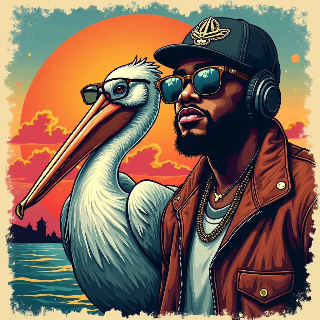 Shirt design with Pelican with glasses and rapper , retro style , Hiphop 