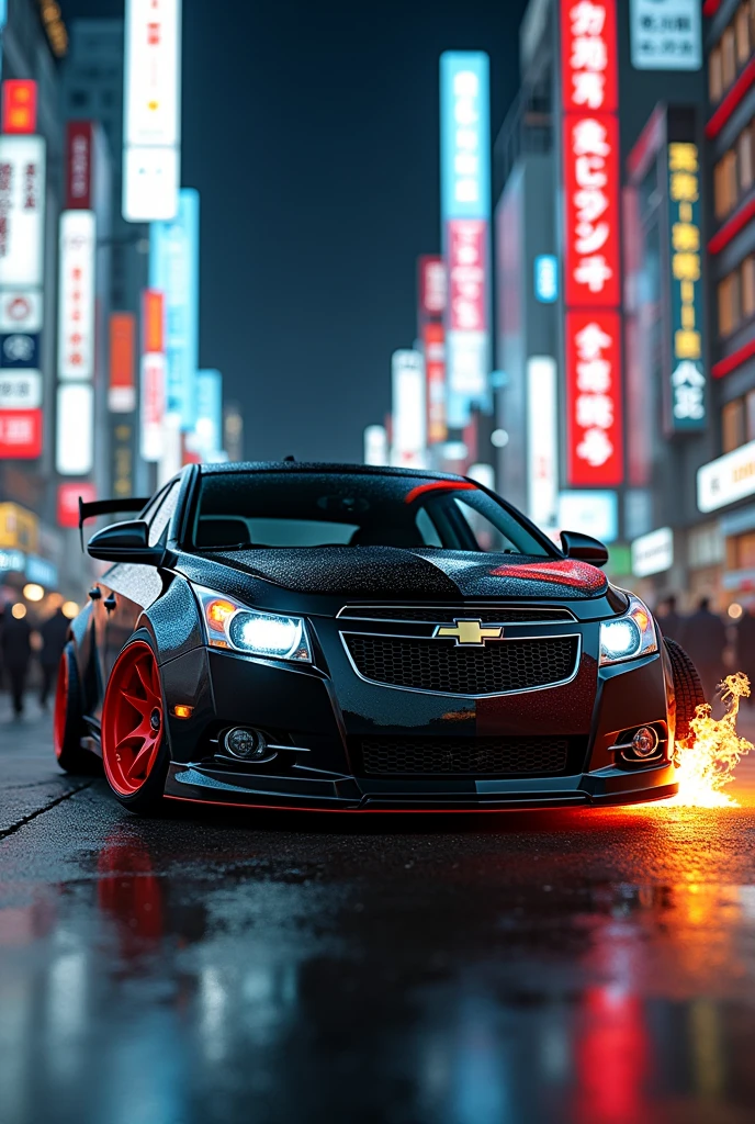 Cell phone home screen photo of a 2011 Chevrolet Cruze with the black symbol, red wheels, lowered in Tokyo with a spoiler and burning tire