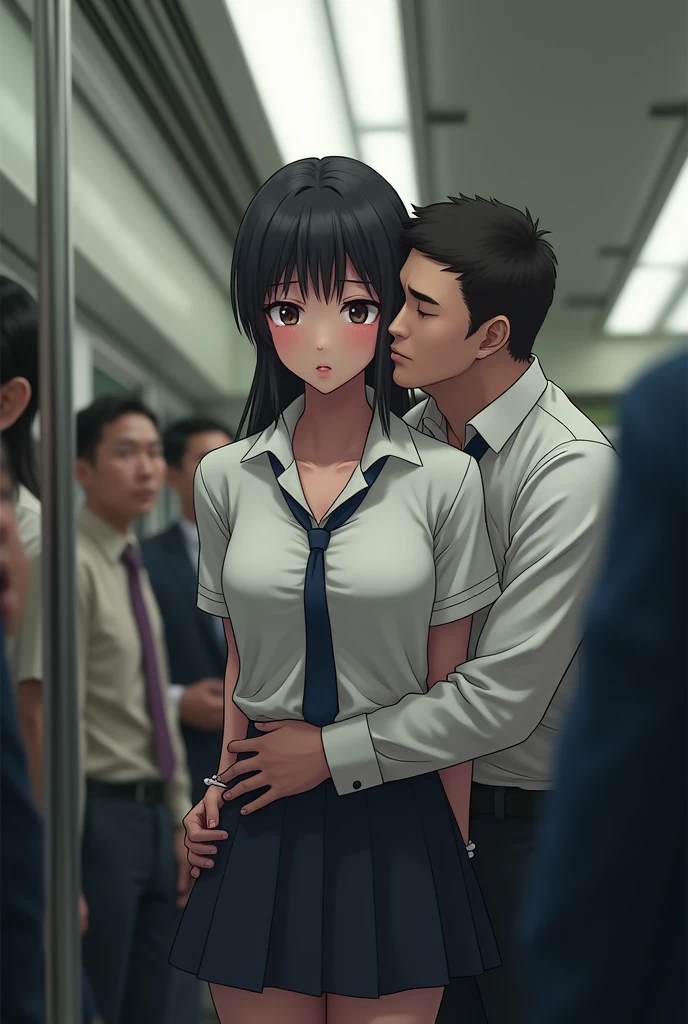 (molestation: 1.5), 1 girl, (full body shot), 1 man, (((office lady being molested: 1.5))), (very beautiful), (beautiful face: 1.5), girl has her hands tied behind her back, girl is crying, (office lady uniform: 1.2), (in a crowded Japanese train: 1.5), man forcefully kisses her, (man takes off her skirt: 1.5), (man holds her breasts: 1.5), (in SFW: 1.1), (((pussy visible through shirt))), (moans of pain: 1.3), (ecstasy: 1.5), rope bondage, slave, nsfw