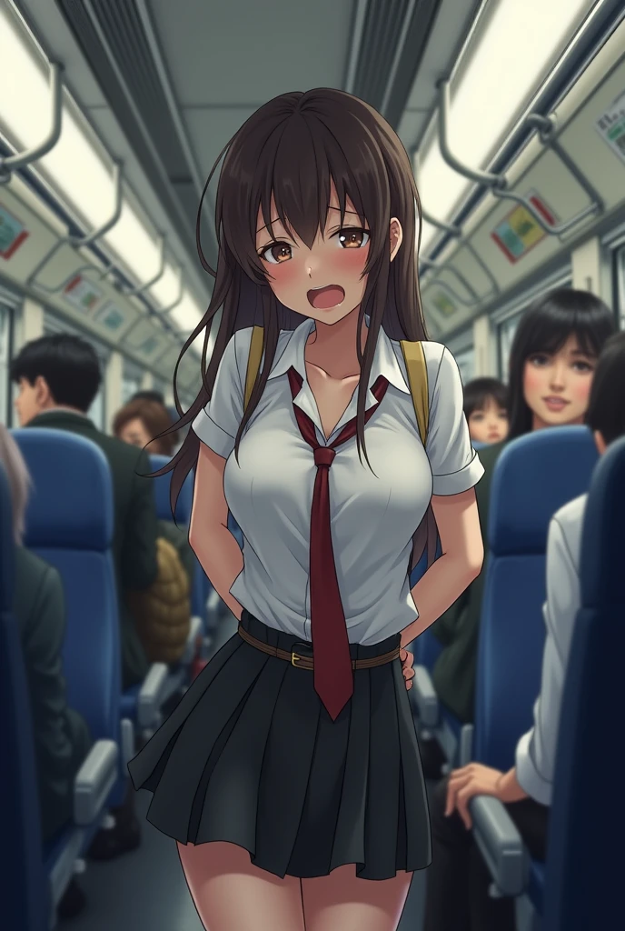 (molestation: 1.5), 1 girl, (full body shot), 1 man, (((office lady being molested: 1.5))), (very beautiful), (beautiful face: 1.5), girl has her hands tied behind her back, girl is crying, (office lady uniform: 1.2), (in a crowded Japanese train: 1.5), man forcefully kisses her, (man takes off her skirt: 1.5), (man holds her breasts: 1.5), (in SFW: 1.1), (((pussy visible through shirt))), (moans of pain: 1.3), (ecstasy: 1.5), rope bondage, slave, nsfw