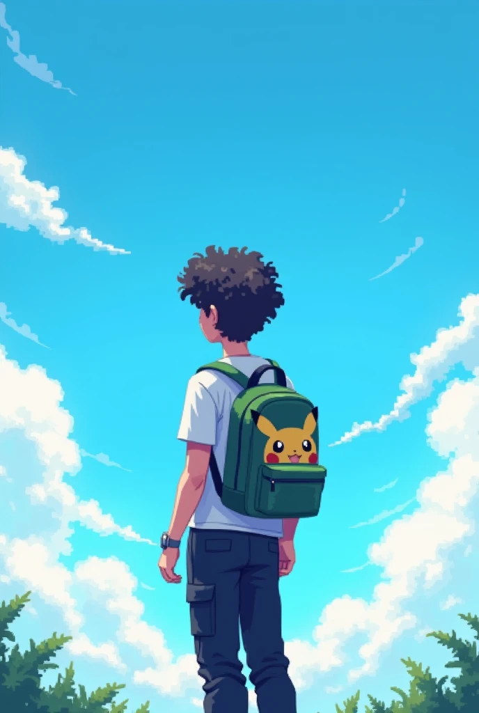 YouTube channel banner,theme pixelated blue sky with clouds,and a guy with curly hair,black cargo pants,white t shirt with a ganger Pokemon backpack.angle is the character in middle photo taken from back side and about 8feet away,more back and a little higher altitude 