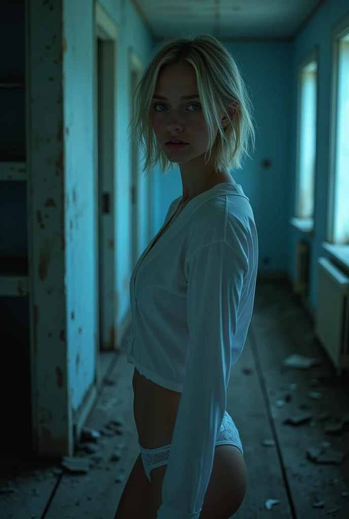 (photorealism:1.2), beautiful woman, swedish, blonde,sad, pensive, assistant, no skirt, white underwear, white fitted shirt, 18yo, haunted house, wooden floor, blue lighting, hologram, projection,looking at camera, short hair, liminal, followed by darkness, dark, dirty face,