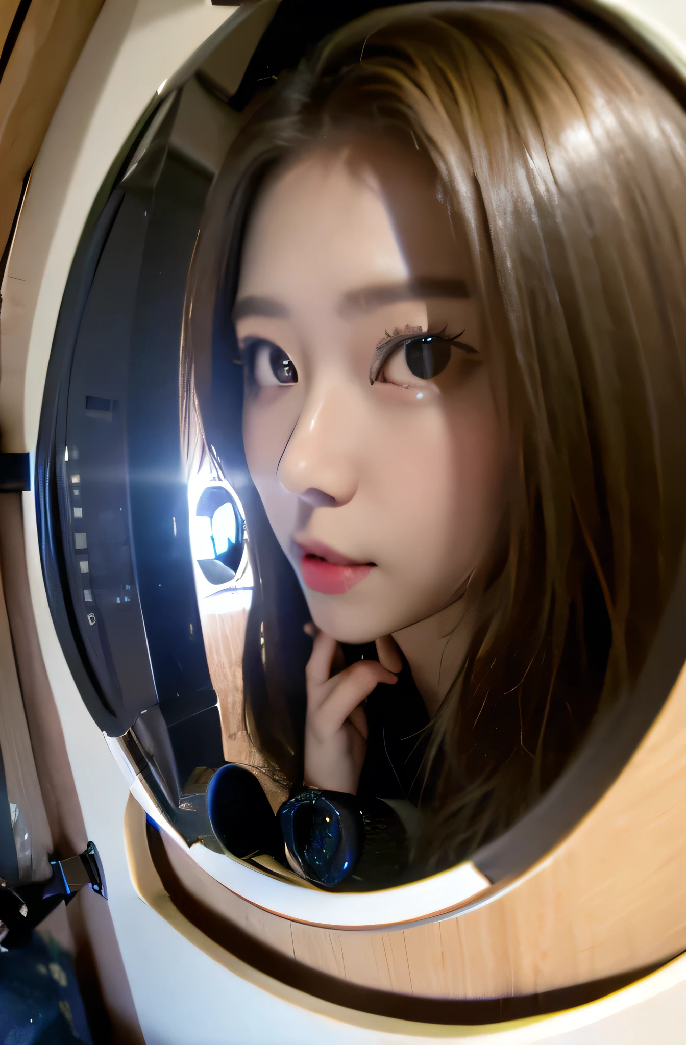 (Woman reflected in fisheye door scope camera:1.3)、