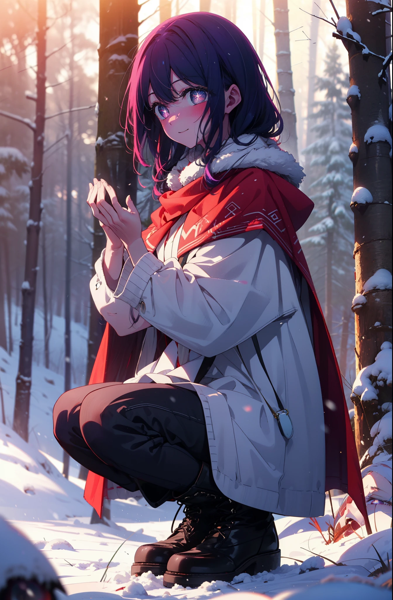 aihoshino, Ai Hoshino, Long Hair, bangs, (Purple eyes:1.1), Purple Hair, (Symbol-shaped pupil:1.5), smile,,smile,blush,white breath,
Open your mouth,snow,Ground bonfire, Outdoor, boots, snowing, From the side, wood, suitcase, Cape, Blurred, , forest, White handbag, nature,  Squat, Mouth closed, Cape, winter, Written boundary depth, Black shoes, red Cape break looking at viewer, Upper Body, whole body, break Outdoor, forest, nature, break (masterpiece:1.2), Highest quality, High resolution, unity 8k wallpaper, (shape:0.8), (Beautiful and beautiful eyes:1.6), Highly detailed face, Perfect lighting, Extremely detailed CG, (Perfect hands, Perfect Anatomy),