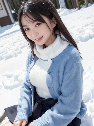 Beautiful woman、18-year-old 、half body shot、80 mm、small breasts、small breasts、small breasts、A sloppy smile nude、school uniform、thigh、from below、snow scene